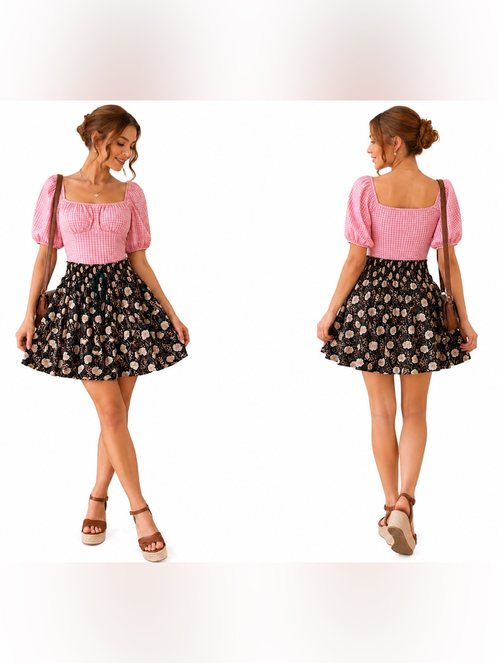 Promod Brown Floral Skater Skirt | Boho Cottagecore